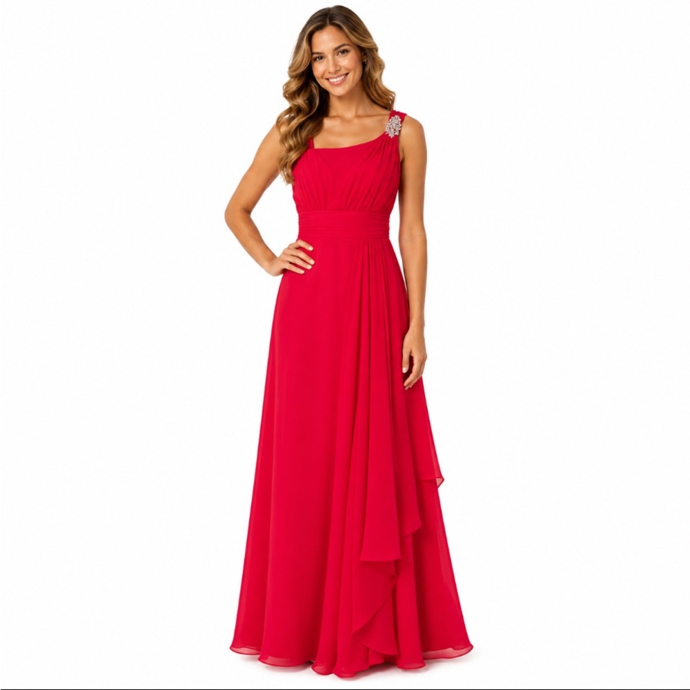 ALLURE BRIDALS Ruby Red Chiffon Embellished One-Shoulder Formal Evening Gown Sz4